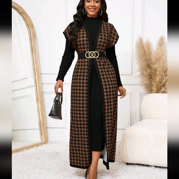 Women's Houndstooth Print Color Block Cardigan Vest, Versatile Spring - Picture 3 of 4